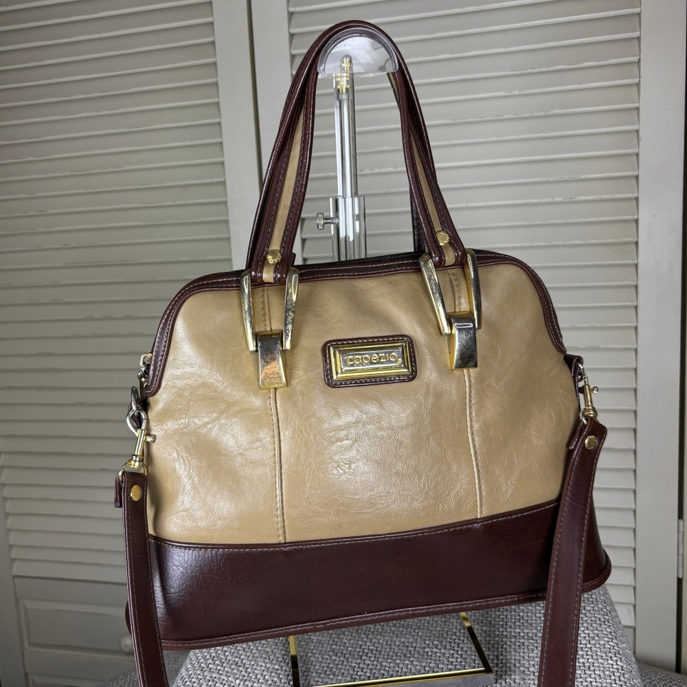Capezio Tan Brown Satchel Bag Vintage 90s Two Tone Vegan Leather Gold Trim Purse